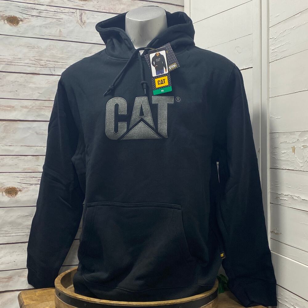CAT Caterpillar Heavy Machinery Logo Hoodie Sweatshirt Black Silver Pullover XL